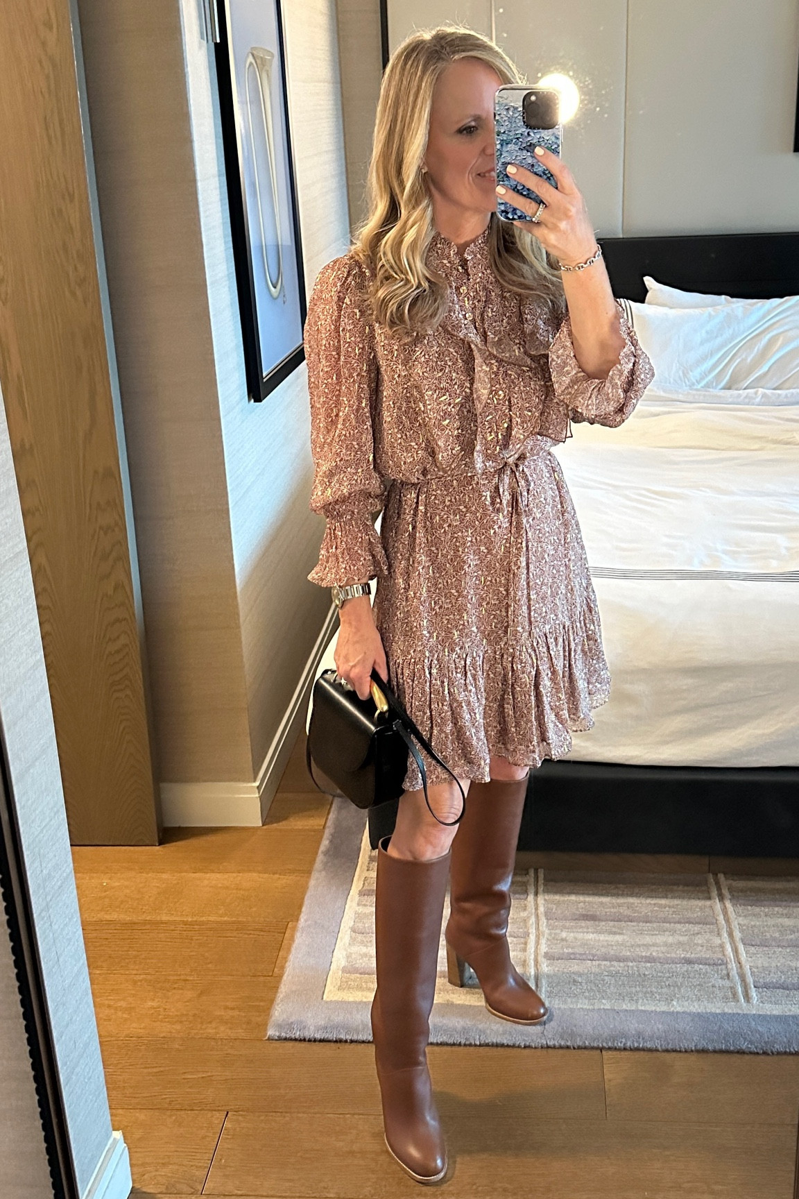 Golden Holiday look from Cartolina 
Cream brown and gold chiffon ruffle dress 
Paired with brown boots for casual, but beautiful with gold heels for a holiday party 

#LTKHoliday #LTKOver40 #LTKStyleTip