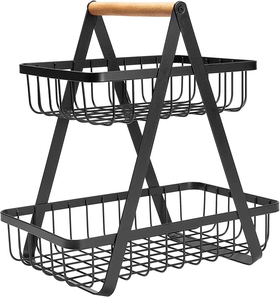 TIEYIPIN 2 Tier Wire Coffee Basket, Countertop Fruit Basket Stand Organizer with Wood handle, Spi... | Amazon (US)
