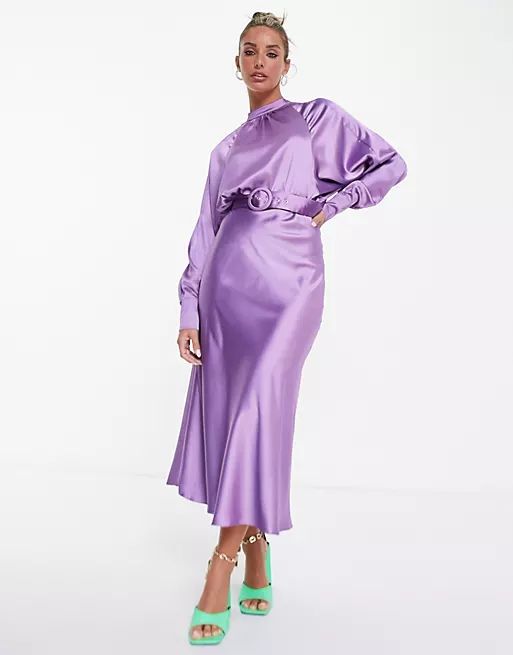 ASOS DESIGN long sleeve belted satin bias midi tea dress in lilac | ASOS (Global)