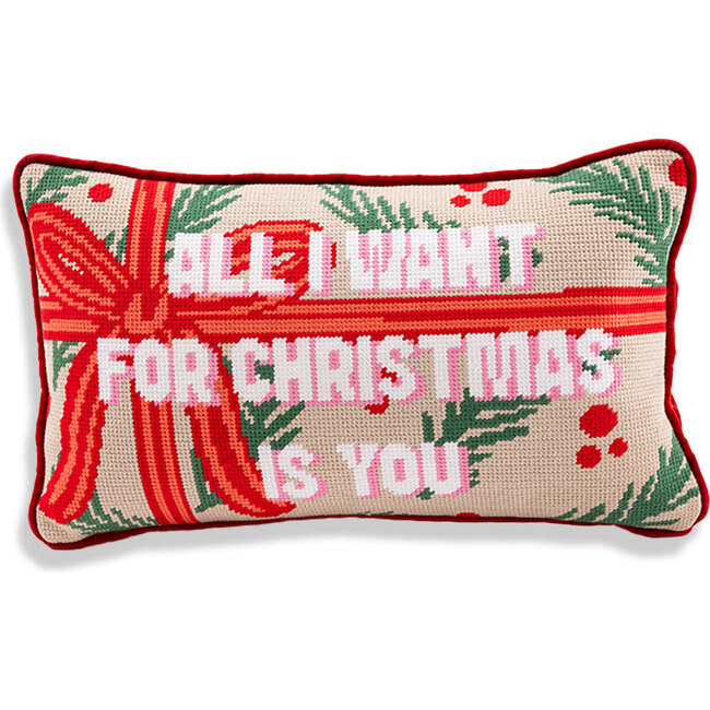 All I Want Needlepoint Pillow, Red, Beige, Green | Maisonette