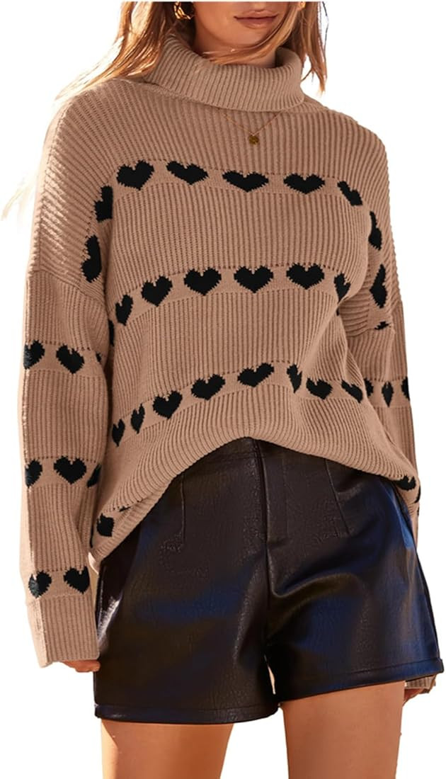 Women Valentines Day Turtleneck Sweaters for Teen Girls Heart Print Oversized Long Sleeve Knit Pu... | Amazon (US)