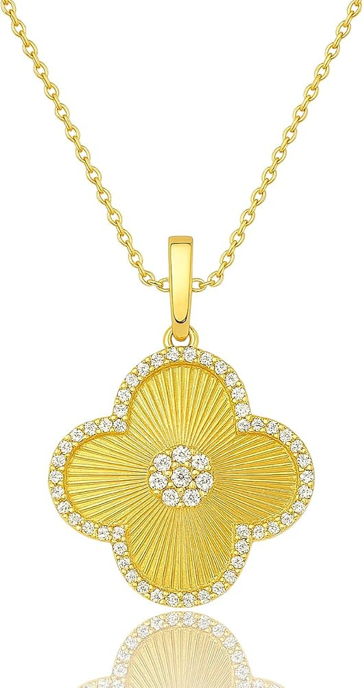 Clover Necklace for Women | 925 Sterling Silver & 14K Gold Plated Lucky Pendant with Cubic Zircon... | Amazon (US)