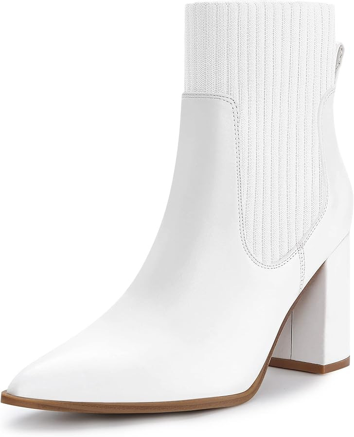 Athlefit Women's Pointed Toe Ankle Boots Elastic Chunky High Heel Slip On Sock Booties | Amazon (US)