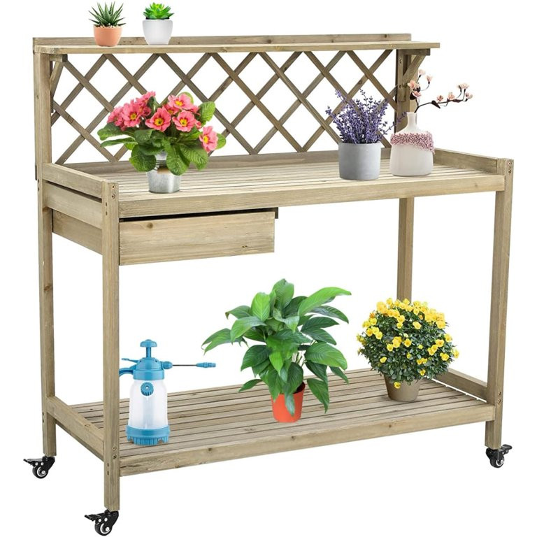 Arlopu Garden Potting Bench with Wheels, Wooden Workstation Table with Cabinet Drawer, Open Stora... | Walmart (US)