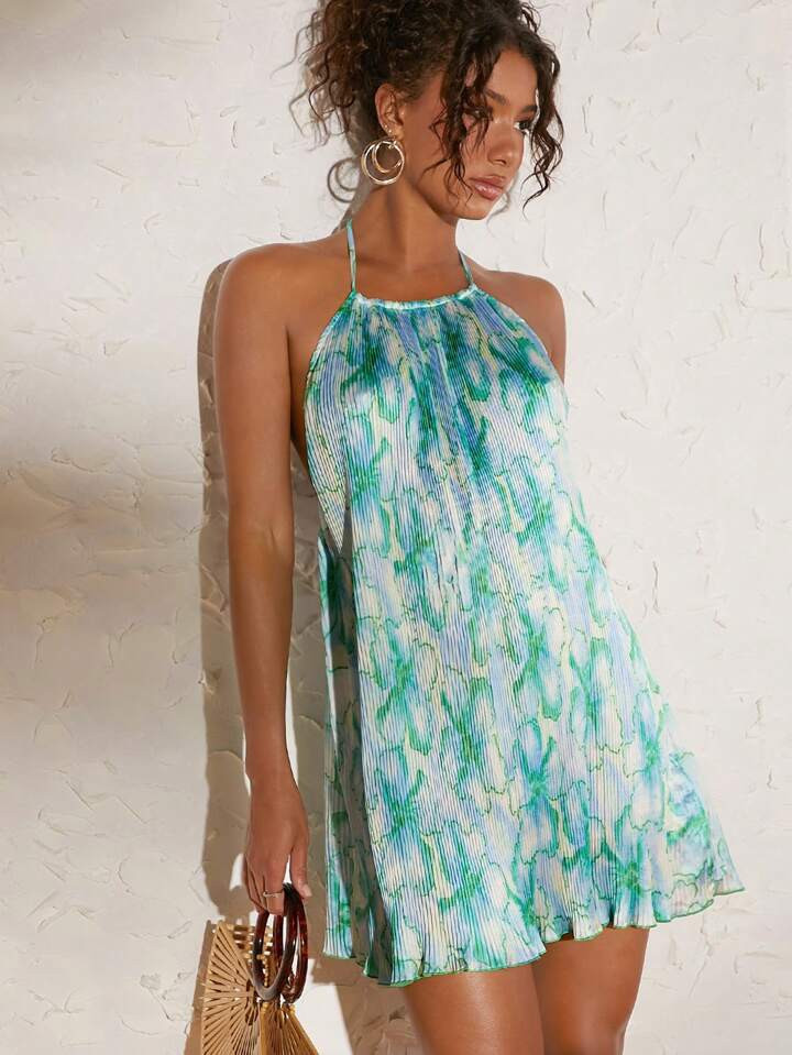 Travachic Women's  Elegant Allover Floral Print Pleats Tie Backless Halter  Summer Dress | SHEIN