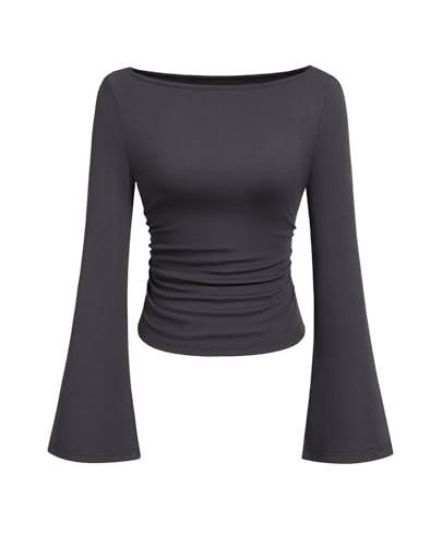 PRETTYGARDEN Women's Long Sleeve Shirts 2025 Fall Crop Going Out Tops Casual Boat Neck Bell Sleeve Ribbed Ruched Y2K Clothes (Dark Grey,Small) | Amazon (US)
