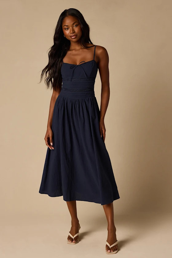Elina Navy Pleated Midi Dress | Lulus