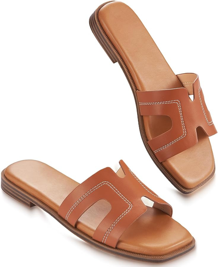 Womens Sandals Slip On Fashion Flat Sandals Soft Memory Foam Slides Comfortable Leather Open Toe ... | Amazon (US)