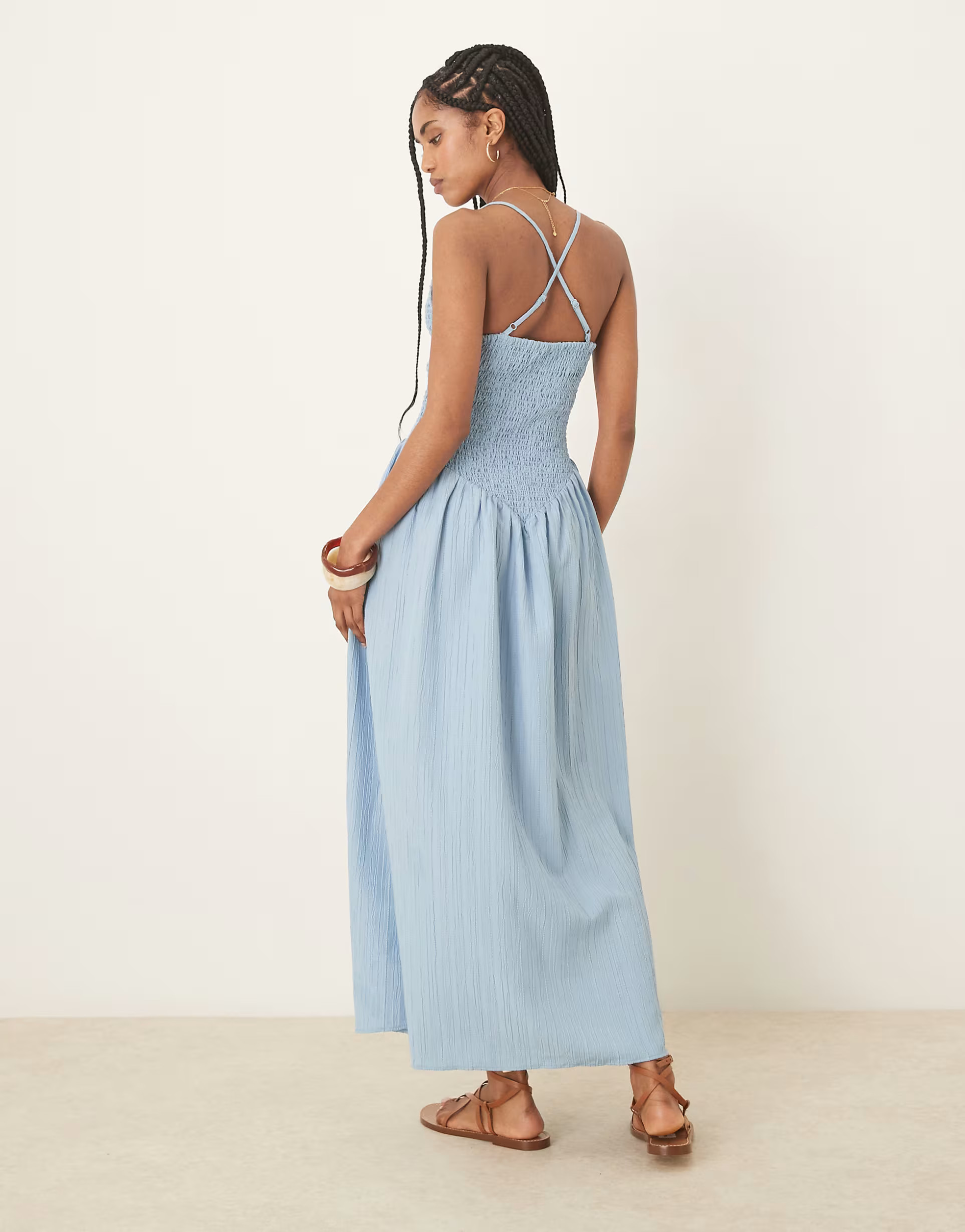 ASOS DESIGN scoop neck crinkle maxi dress with cross back in steel blue | ASOS | ASOS (Global)