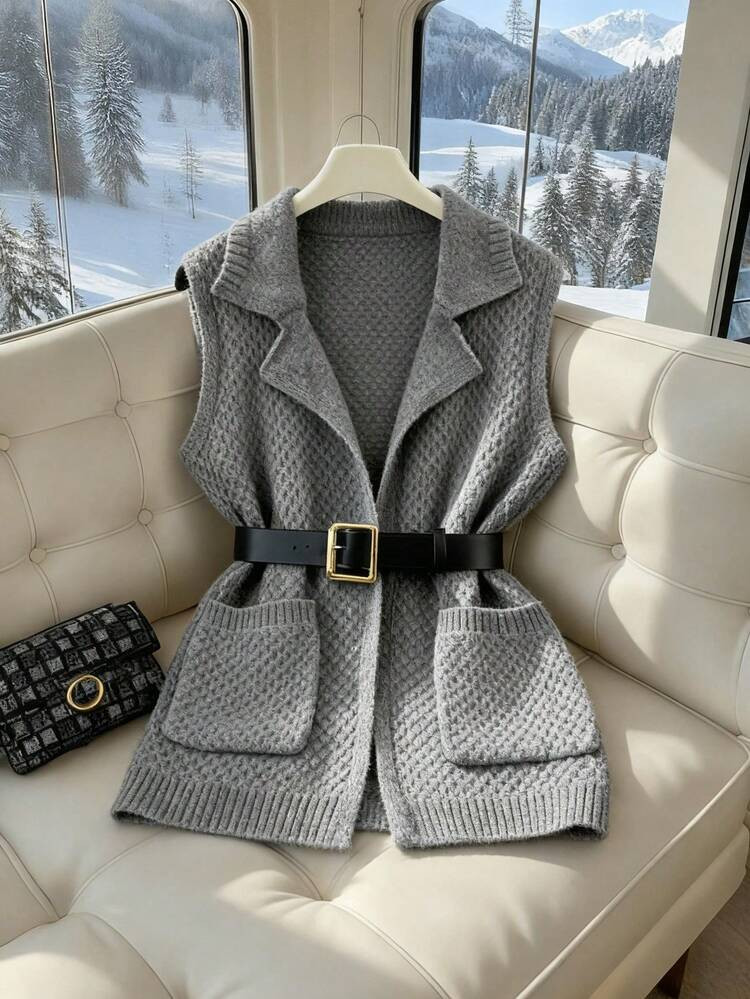 GlowEve Elegant Casual Grid Pattern Notched Collar Pocket Knit Cardigan Vest For Women | SHEIN