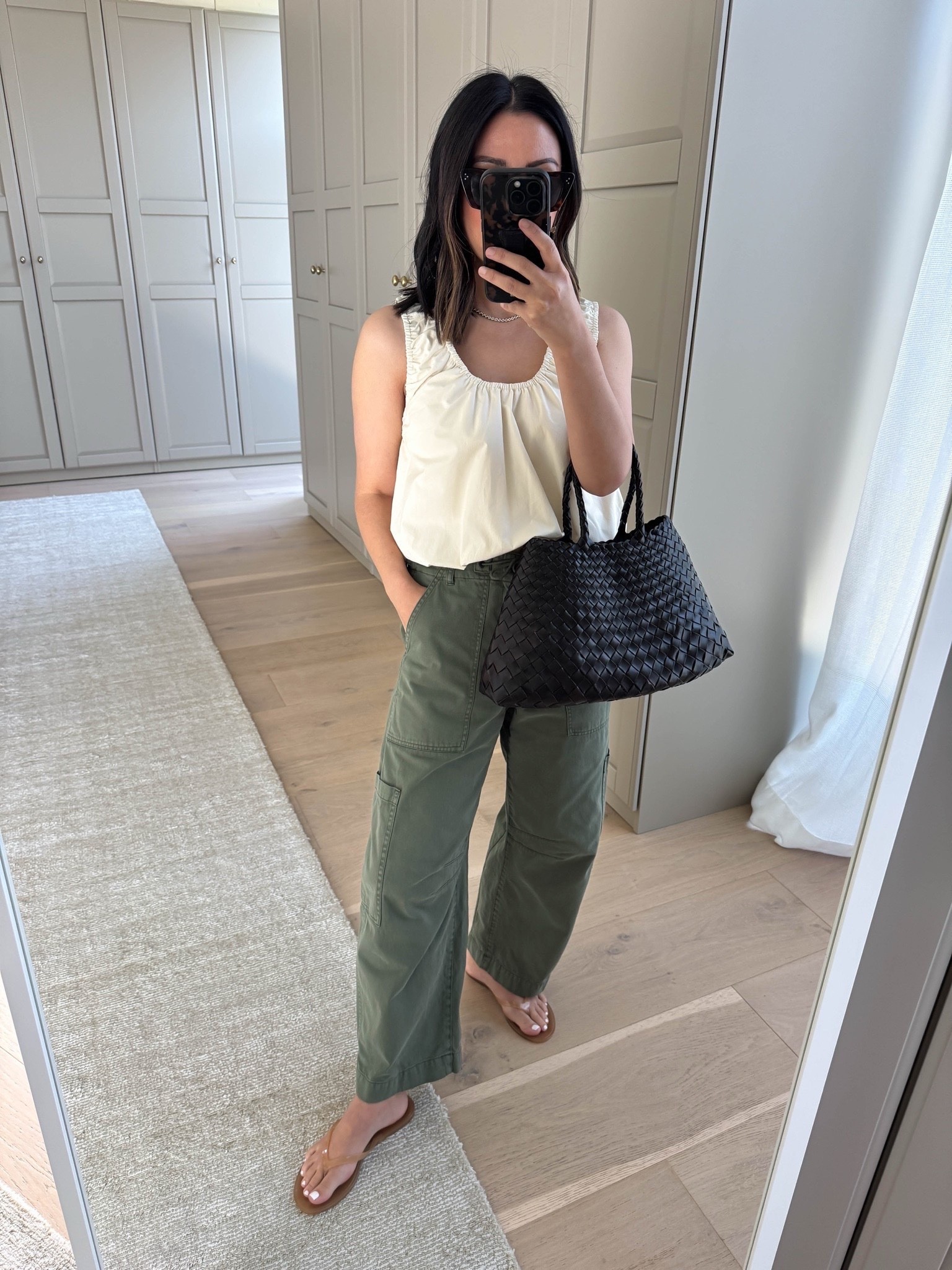 Obsessed with this color combo. Also, color coordinating your top and shoes is another way to achieve the sandwich style. 

Zara top small
Pistola cargo pants 25 petite. But could wear the petite 24
Black Suede studio sandals 35
Dragon Diffusion Santa Croce bag small
Celine sunglasses
Dorsey James necklace 15”
Dorsey Maxwell earrings medium

summer outfits, petite style, summer style

#LTKmomlife #LTKootd #LTKPetite