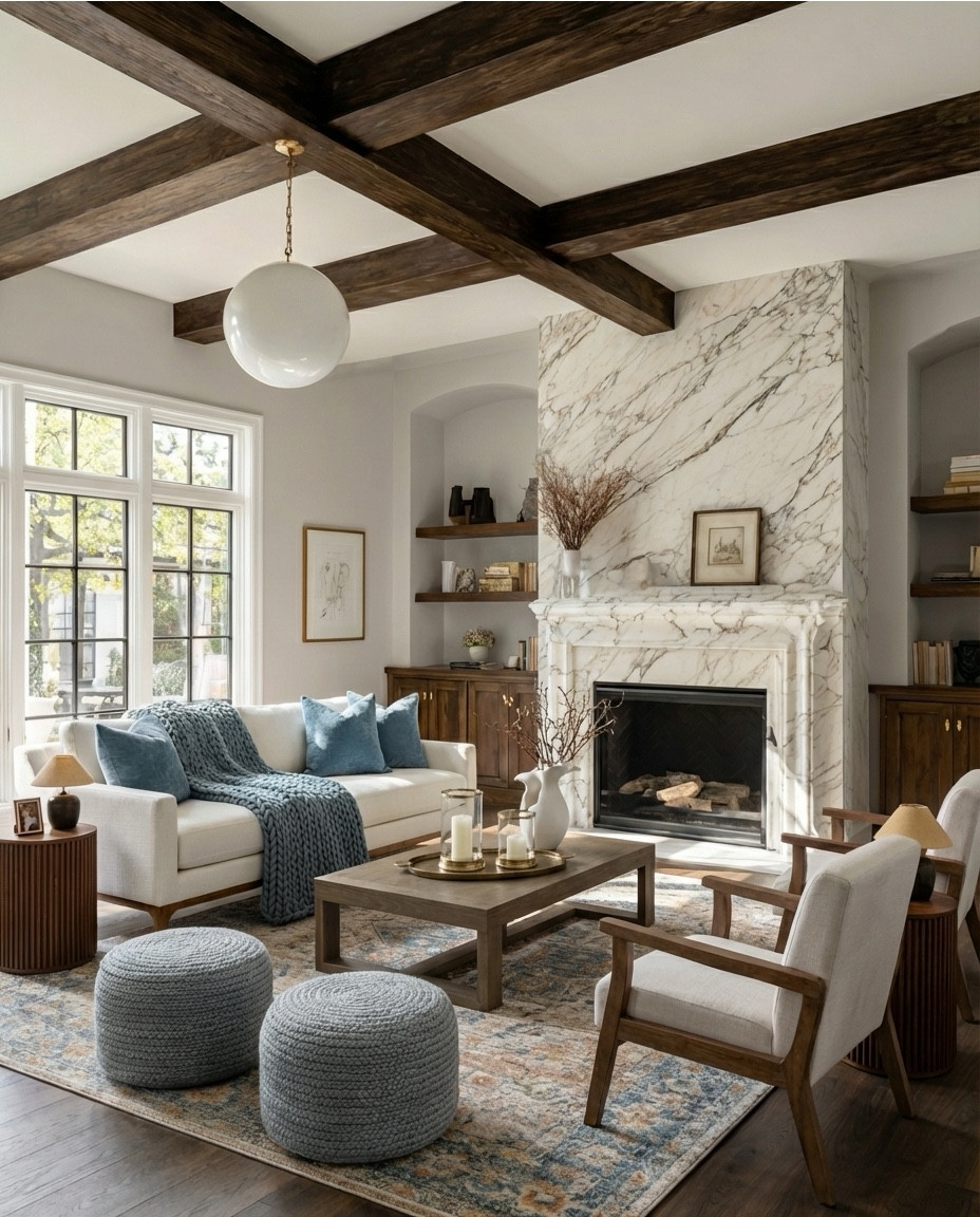 This living room is the definition of calm, collected, and effortlessly elevated. The marble fireplace creates the anchor — bold, timeless, and quietly luxurious — while the wood beams add that warm, grounded contrast that instantly makes the space feel like home.

The blue accents soften everything: the knit throw, the pillows, the poufs… they pull the palette together in a way that feels both modern and nostalgic, almost like a coastal breeze meeting classic traditional design.

I love how the styling leans into texture — the ribbed side tables, the heavy-knit layers, the soft upholstery, the warm wood grain. It’s a reminder that a “neutral home” doesn’t mean flat… it means intentional. Soft tones, rich materials, and pieces that feel tactile and lived in.

This is the kind of space that invites you in slowly. Light-filled mornings, cozy evenings by the fire, and that perfect balance between beauty and comfort.

Shop the Look:
• Cream upholstered sofa
• Blue knit throw blanket
• Blue textured throw pillows
• Round knit ottomans
• Wood armchairs with cream cushions
• Marble fireplace surround
• Wood coffee table
• Ribbed wood side tables
• Neutral patterned area rug
• Ceramic vases + candle set

#LTKSaleAlert #LTKFindsUnder100 #LTKHome