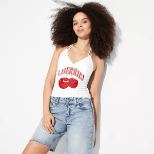 Women's Halter Graphic Cami - Wild Fable™ White XXS: Cotton-Spandex Blend, Adjustable Strap, Ba... | Target