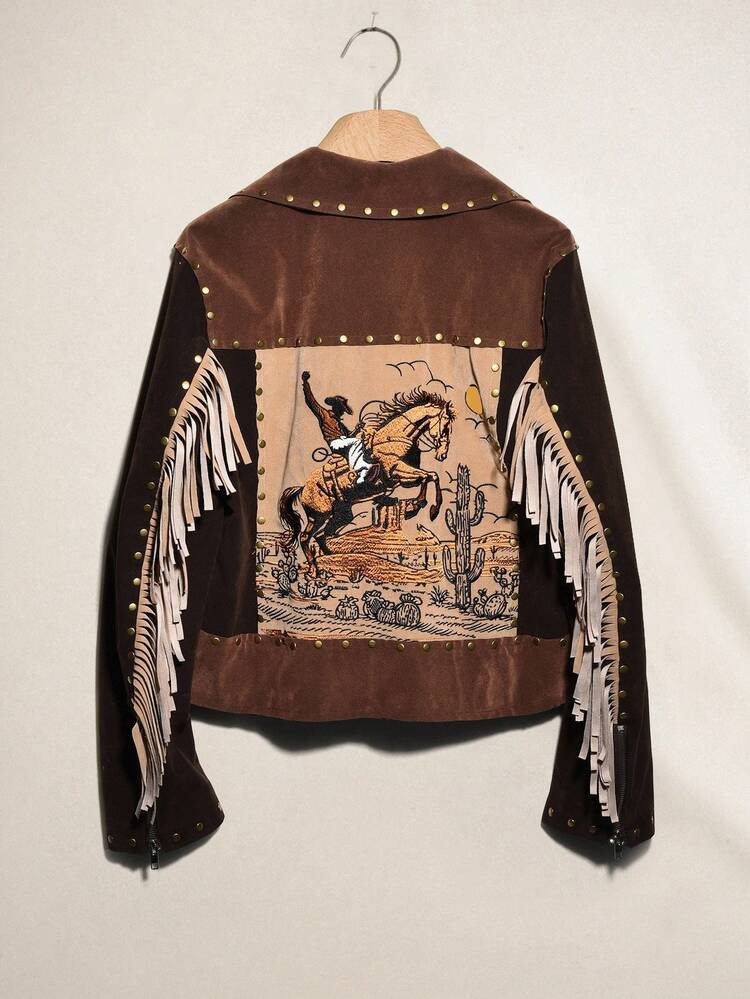 Easelle Vintage Boho Nomadic Fringe Rivet Suede Women Jacket Winter Back To School Brown Old Money Embroidered Tassel Rivets Design Elements,Fall | SHEIN