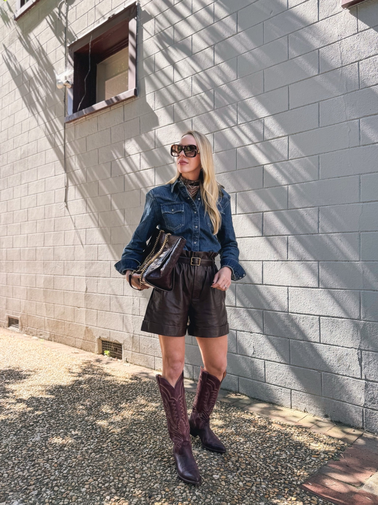 Western chic fall outfit, paisley silk scarf, @levi denim shirt, leather shorts, @Tecovas burgundy cowboy boots

#LTKSeasonal #LTKOver40 #LTKSaleAlert