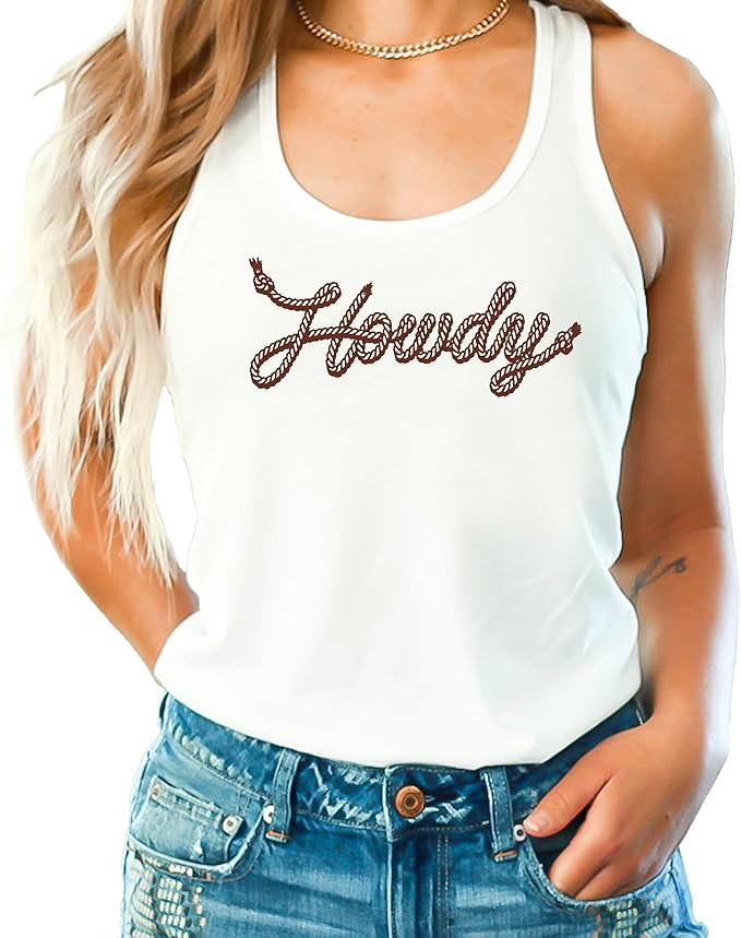 Olive Loves Apple Howdy Rope Script Tank Top for Women and Teens Country Western Sleeveless Tee | Amazon (US)