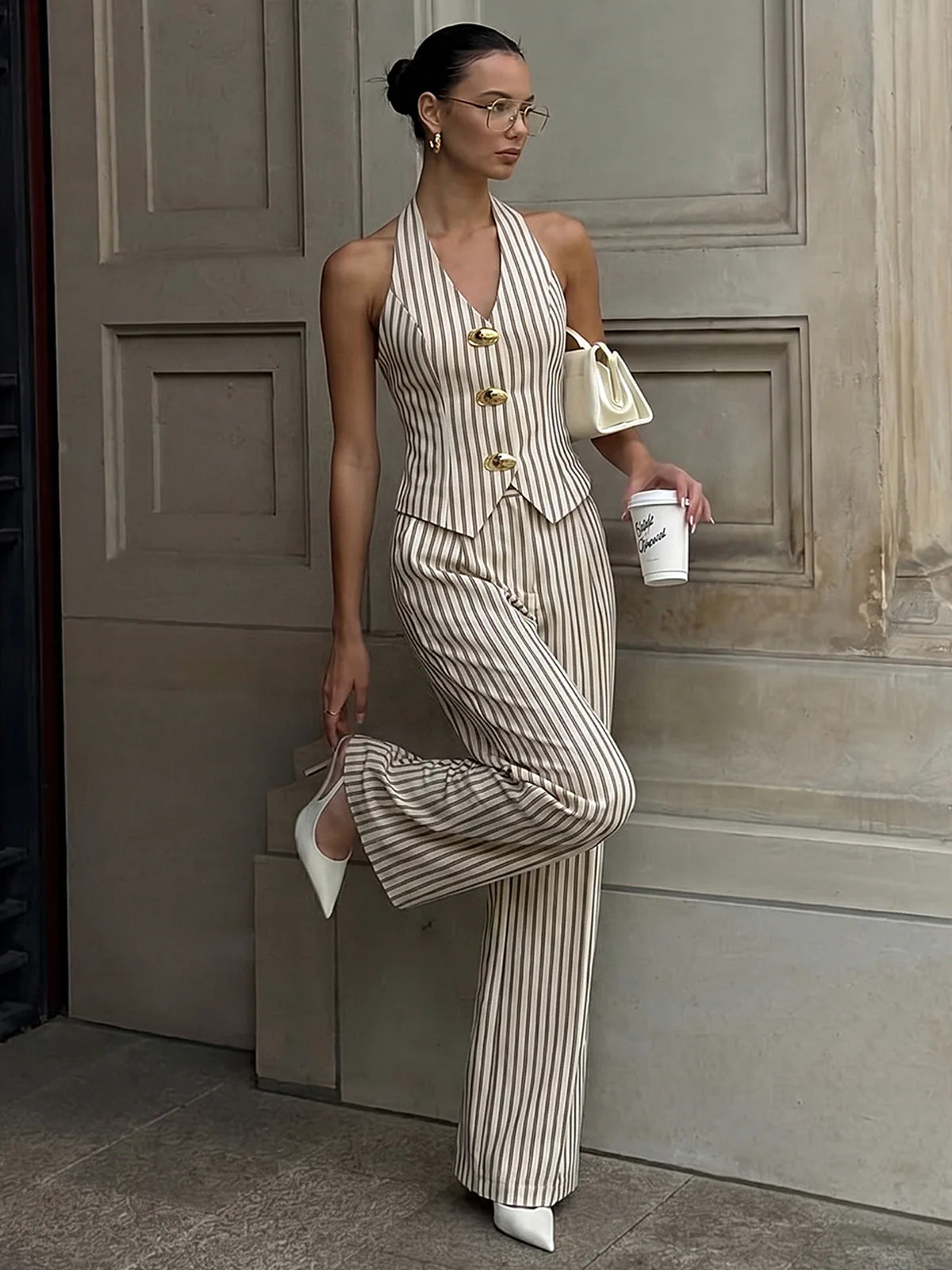 Striped Halter Neck Pants Set with Metal Button | Commense