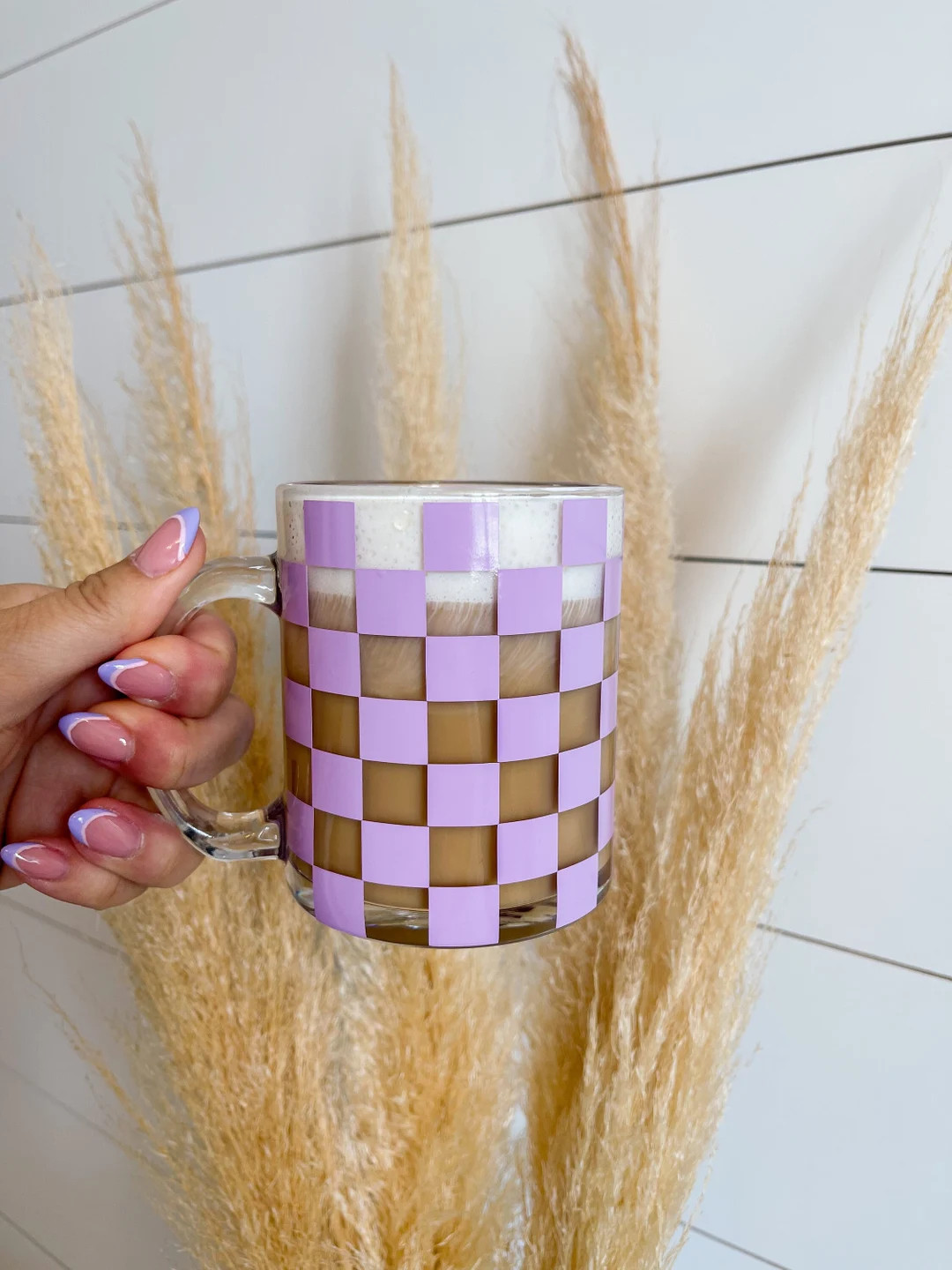 Lavender Checkered Glass Mug 12oz Glass Coffee Mug Tea Mug - Etsy | Etsy (US)