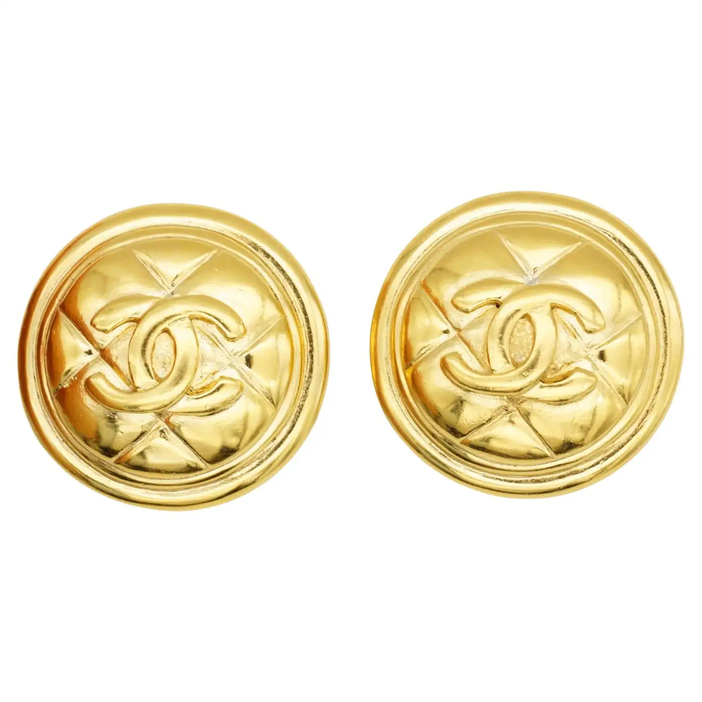 Chanel Vintage 1980s Large Quilted Logo CC Coco Matelassé Medallion Earrings | 1stDibs
