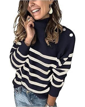 KIRUNDO Women's 2024 Fall Winter Long Sleeve Knit Sweater Turtleneck Striped Loose Pullover Tops ... | Amazon (US)
