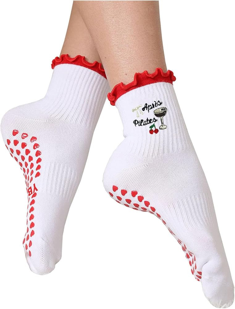 Women's Cute Grip Pilates Socks Non-Slip Yoga Ballet Socks with Ruffle Cuff & Embroidery | Amazon (US)