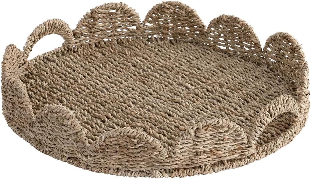 StorageWorks Scalloped Tray, Round Serving Tray with Handles, Round Wicker Tray Seagrass Basket T... | Amazon (US)