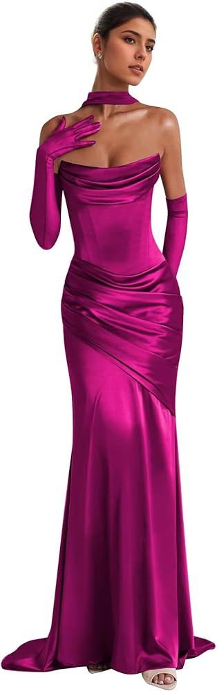 Mermaid Strapless Bridesmaid Dresses for Women Pleated Satin Evening Dress with Neck Scarf | Amazon (US)
