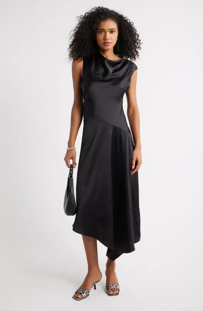 Open Edit Cowl Neck Asymmetric Satin Midi Dress | Nordstrom | Nordstrom