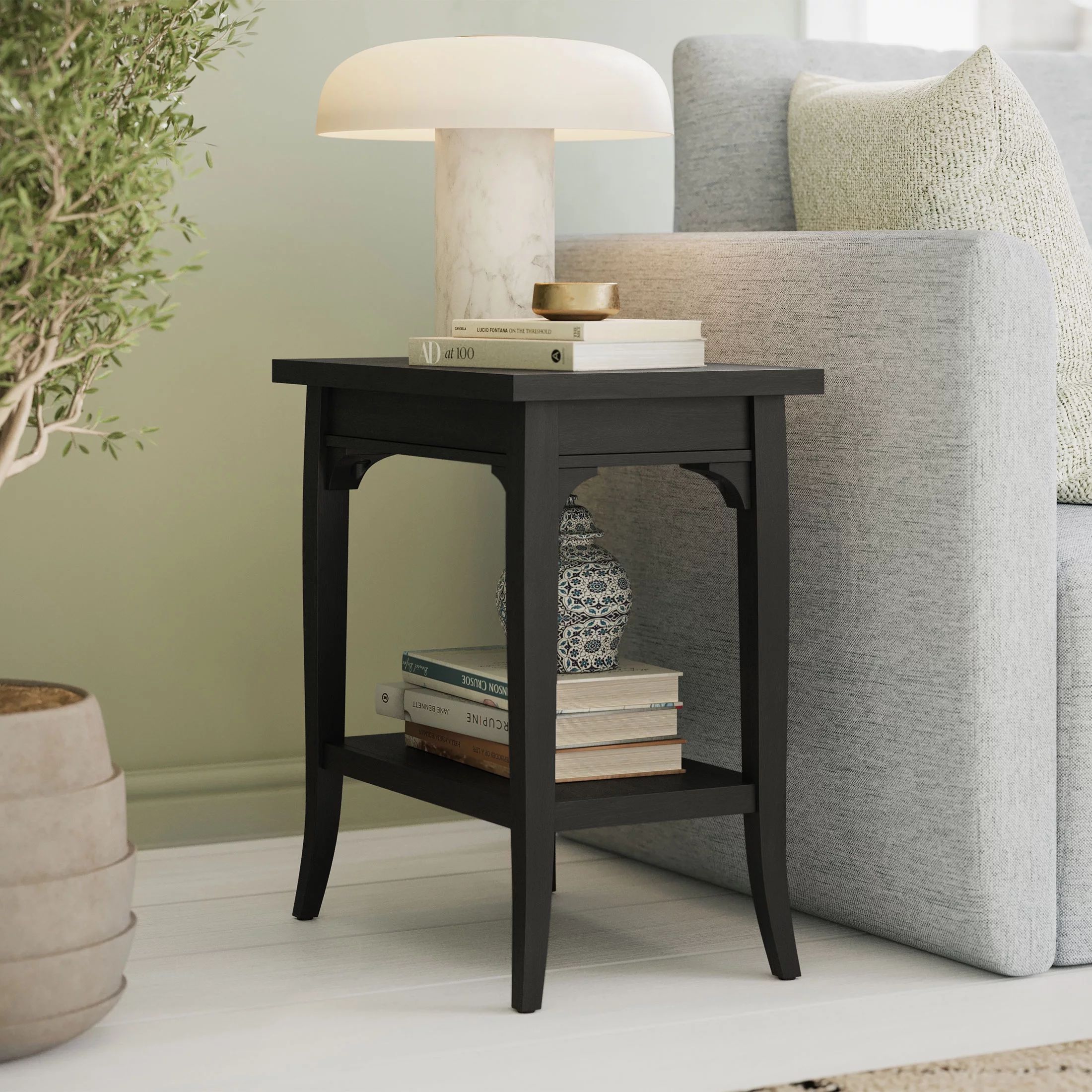 Beautiful Marais Side Table with Lower Shelf and Solid Wood Frame by Drew Barrymore, Rich Black F... | Walmart (US)