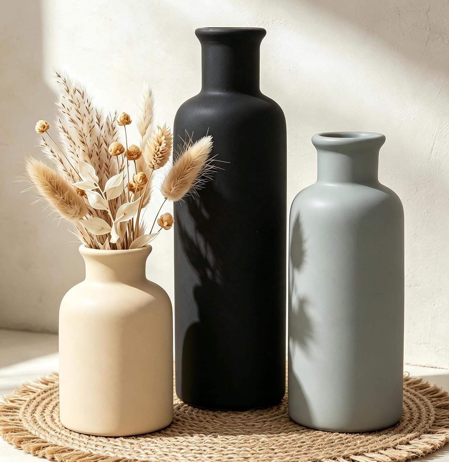 Ceramic Vase Set of 3, Neutral Rustic Vases for Farmhouse Decor Waterproof | Amazon (US)