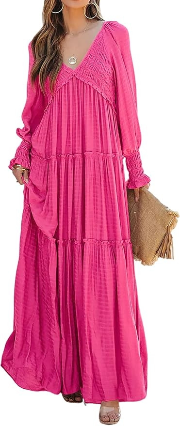 R.Vivimos Maxi Dress for Women Long Sleeve V Neck Empire Waist Layered Ruffle Boho Casual Flowy L... | Amazon (US)
