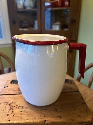 RARE FIND~VINTAGE ENAMELED MILK PITCHER W/LID WHITE w/RED TRIM -FARMHOUSE~ | eBay US