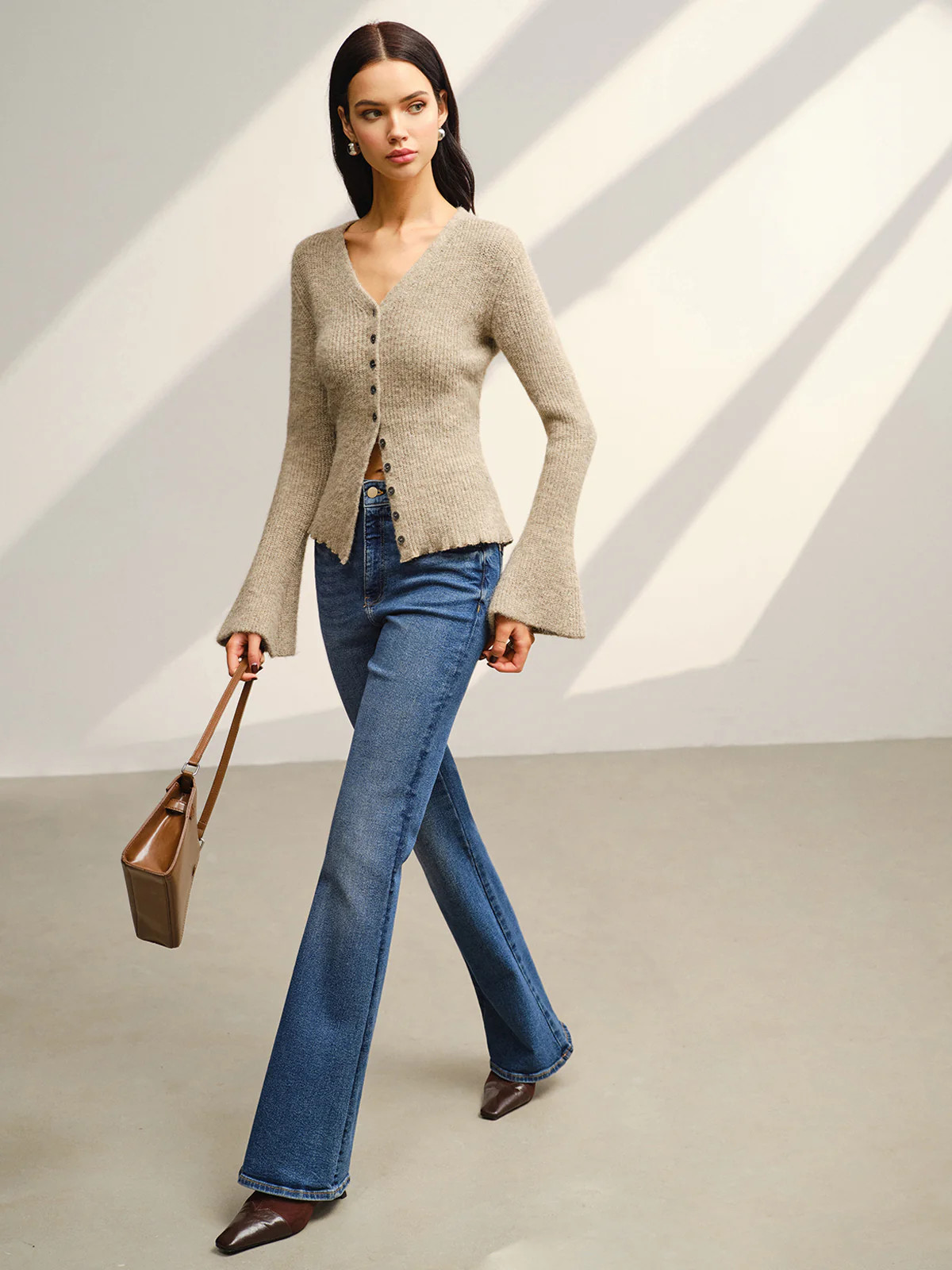 V-Neck Bell Sleeve Button Cardigan | Commense