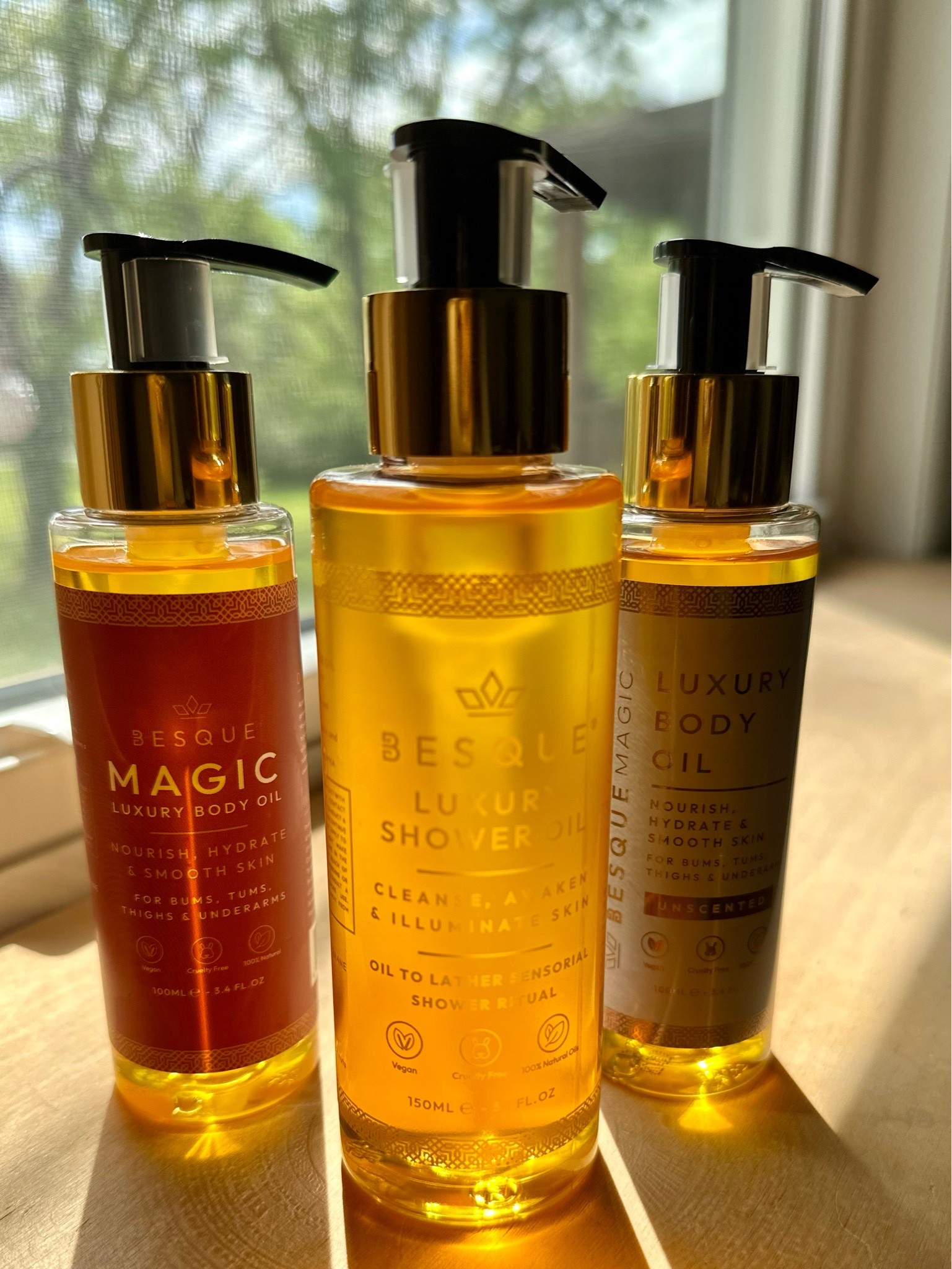 It’s time to get glowing. ✨ I love how the bottles of Besque Magic luxury shower & bath oils glow in the afternoon light and on my skin.✨ 
Such a luxurious body oil that absorbs quickly, while helping with the look of dry, crepey skin. ✨

#LTKdayinmylife #LTKselfcare #LTKSeasonal