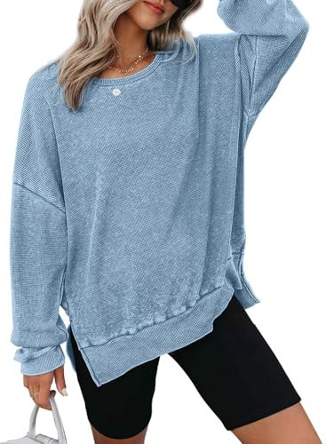 Dokotoo Oversized Sweatshirt for Women Trendy Waffle Knit Crewneck Sweatshirt Long Sleeve Slits Lightweight Cute Pullover Hoodies Tops Casual Comfy Fall Fashion Outfits Clothes 2025 Sky Blue Medium | Amazon (US)