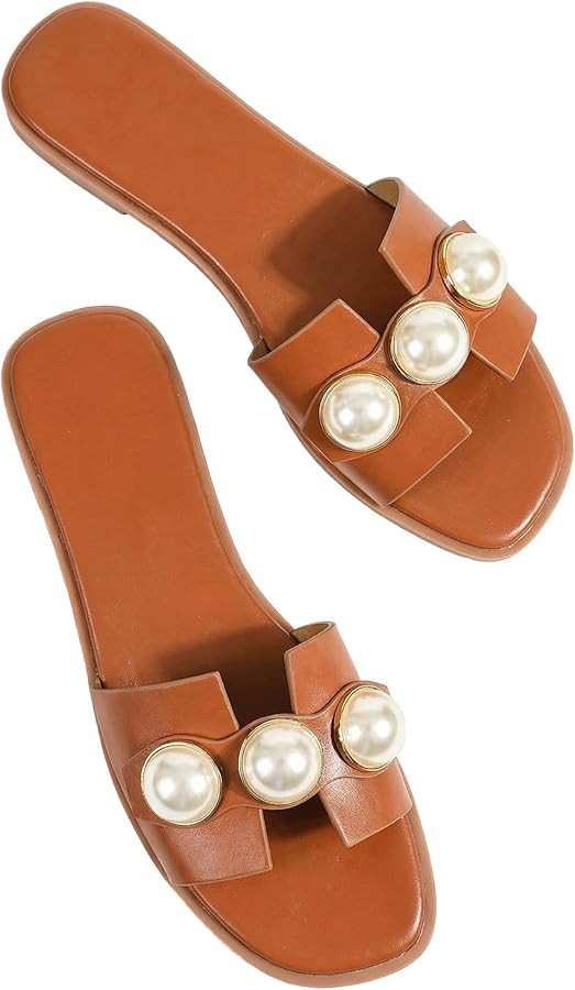 GORGLITTER Women's H Sandals Pearl Flat Sandals Square Toe Dressy Summer Cute Sandals Shoes 2025 | Amazon (US)