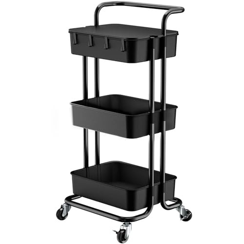 Pipishell 3 Tier Rolling Cart with Table Top, Utility Cart with Wheels & 4 Hooks, Rolling Storage Cart for Home Storage and Organization, Black, PIUC09B | Amazon (US)