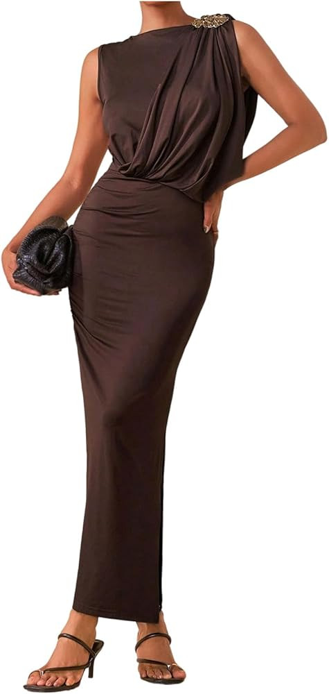 GORGLITTER Women's Ruched Cocktail Bodycon Maxi Dress Sleeveless Metallic Floral Long Dresses | Amazon (US)