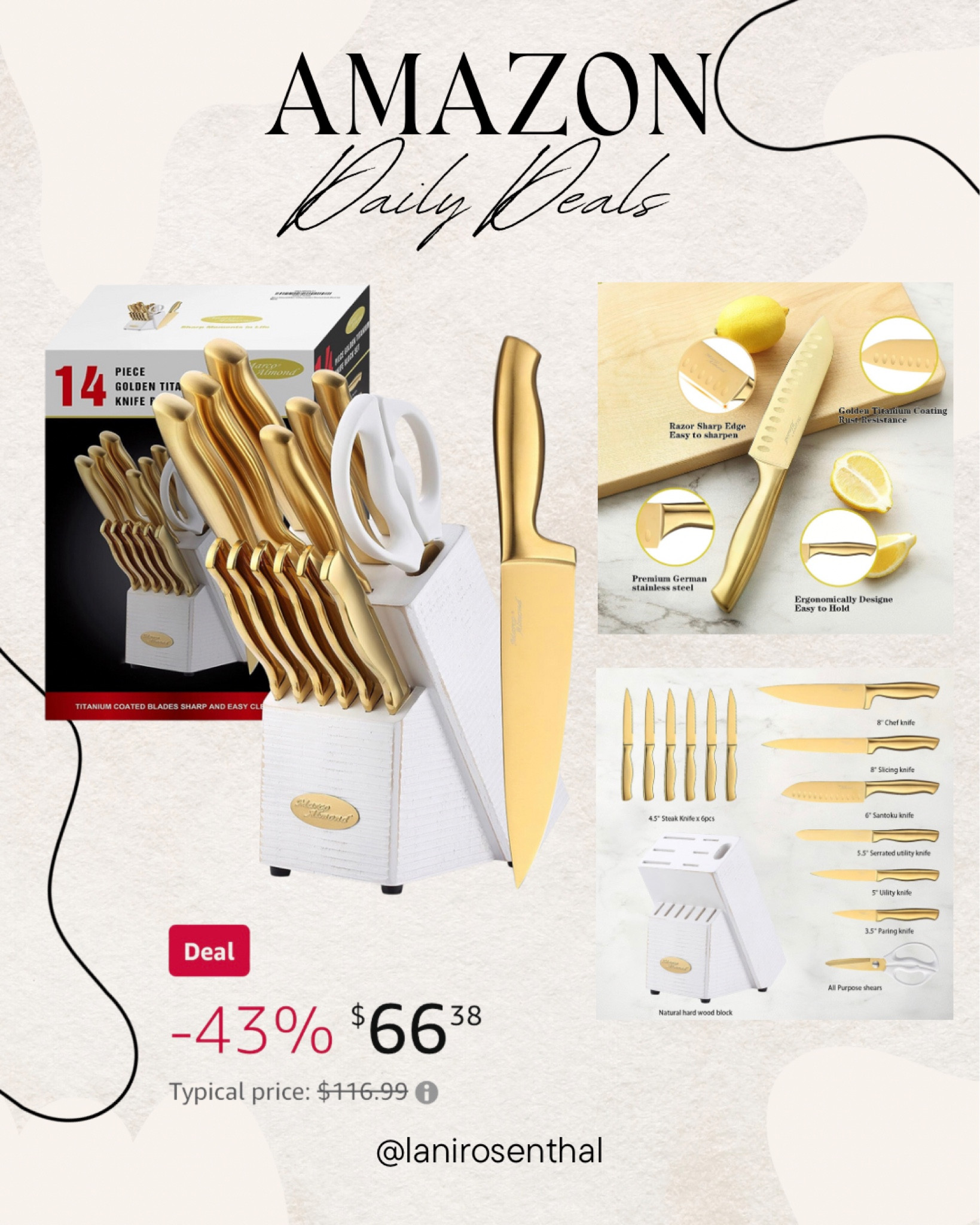 Knife Set-Marco Almond MA21 Luxury Golden Titanium Coated 14 Pieces  Stainless Steel Hollow Handle Gold Kitchen Knife Set With Block By White  Wash Finish Wood