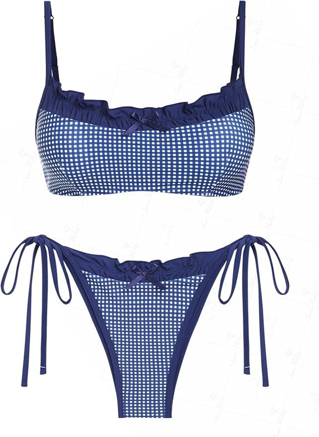 Gingham Spliced Ruched Ruffles Trim Bowknot Decor Tie Side Bikini Set | Amazon (US)