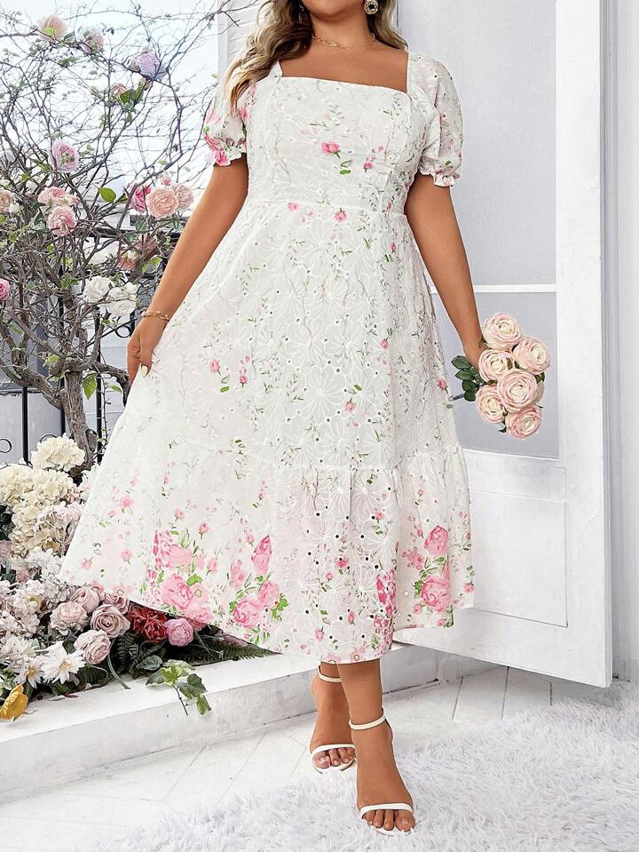 SHEIN Frenchy Vintage bloemen geborduurde textuur Grote maat jurk met landelijke stijl | SHEIN