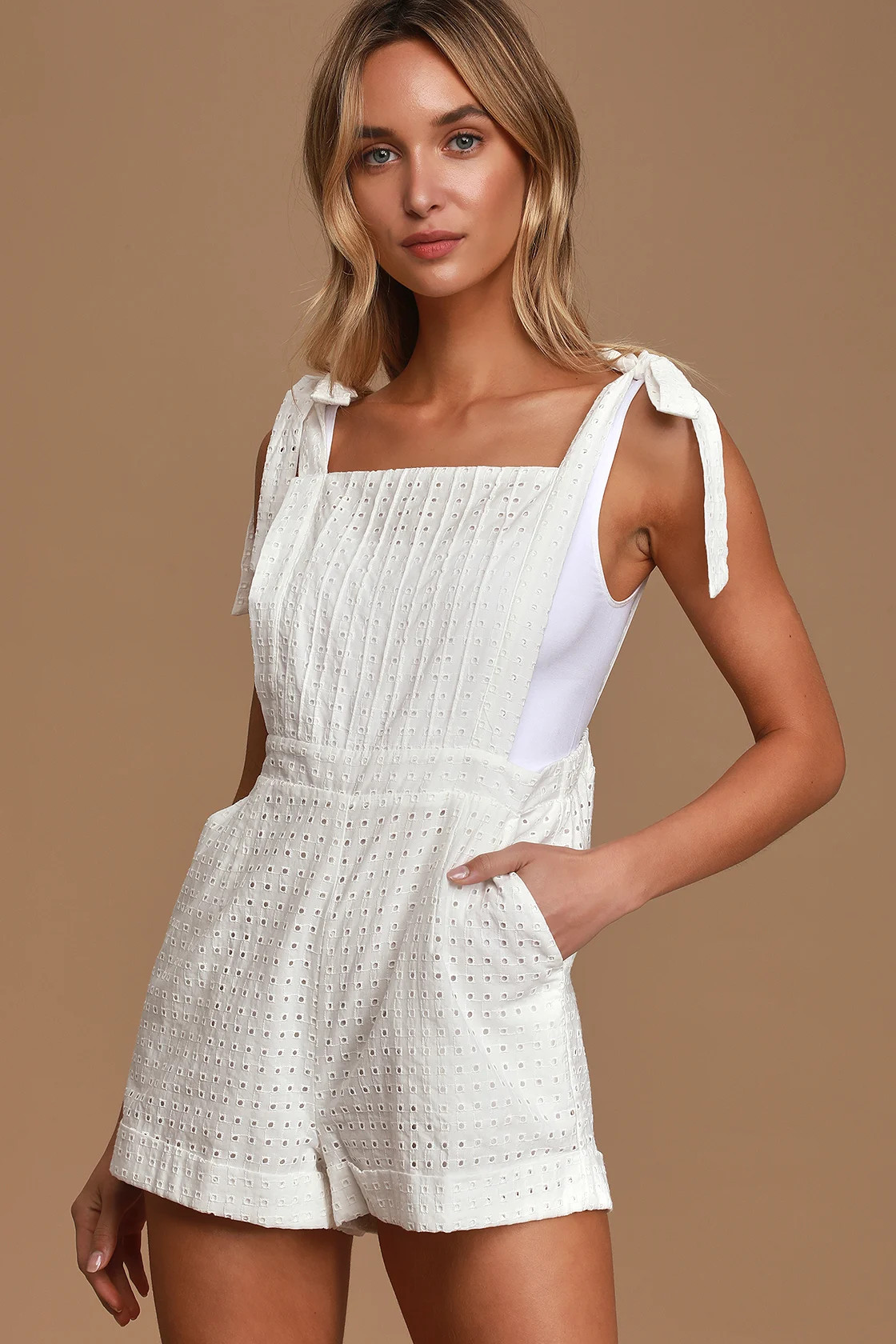 Celestial White Eyelet Tie-Strap Shortalls | Lulus (US)