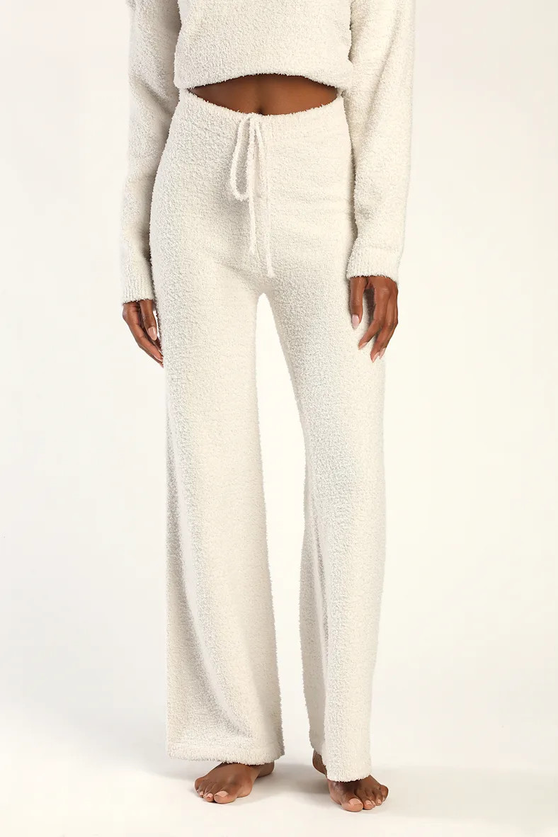 Snuggle City Ivory Fuzzy Knit Wide-Leg Lounge Pants | Lulus (US)
