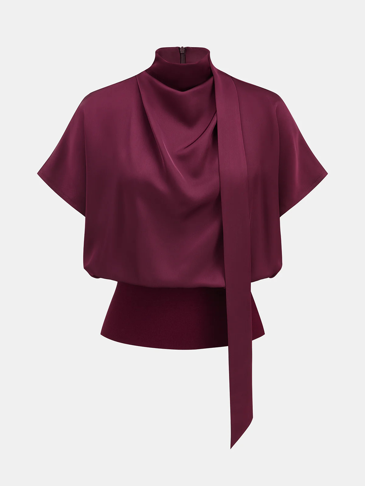 Draped Satin Mock Neck Blouse with Tie | Commense