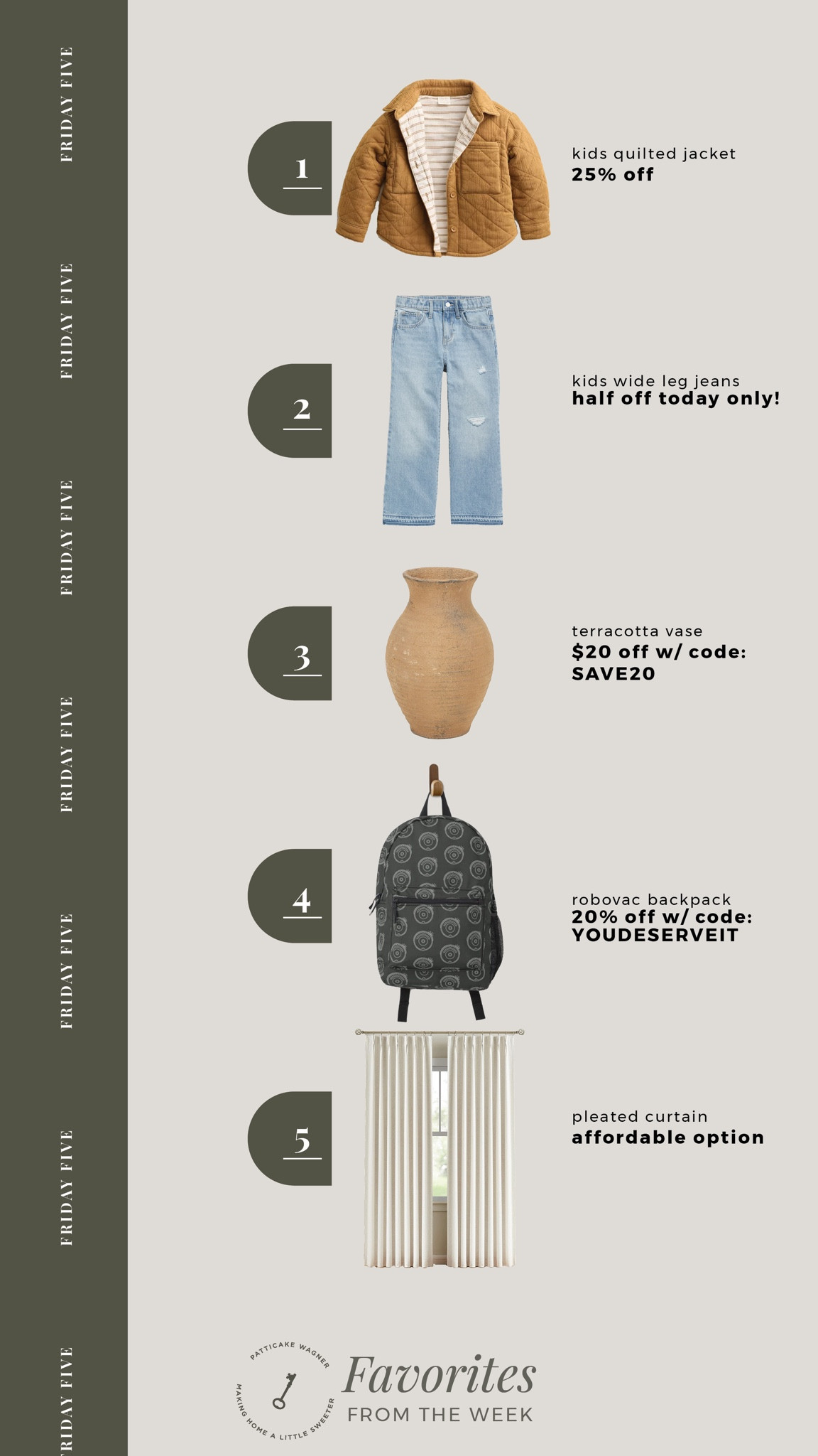 Friday Five. All your favorites from the week. *kids quilted jacket, kids wide leg jeans, terracotta vase, robovac backpack, affordable pleated curtains     

#LTKsalealert #LTKkids #LTKhome