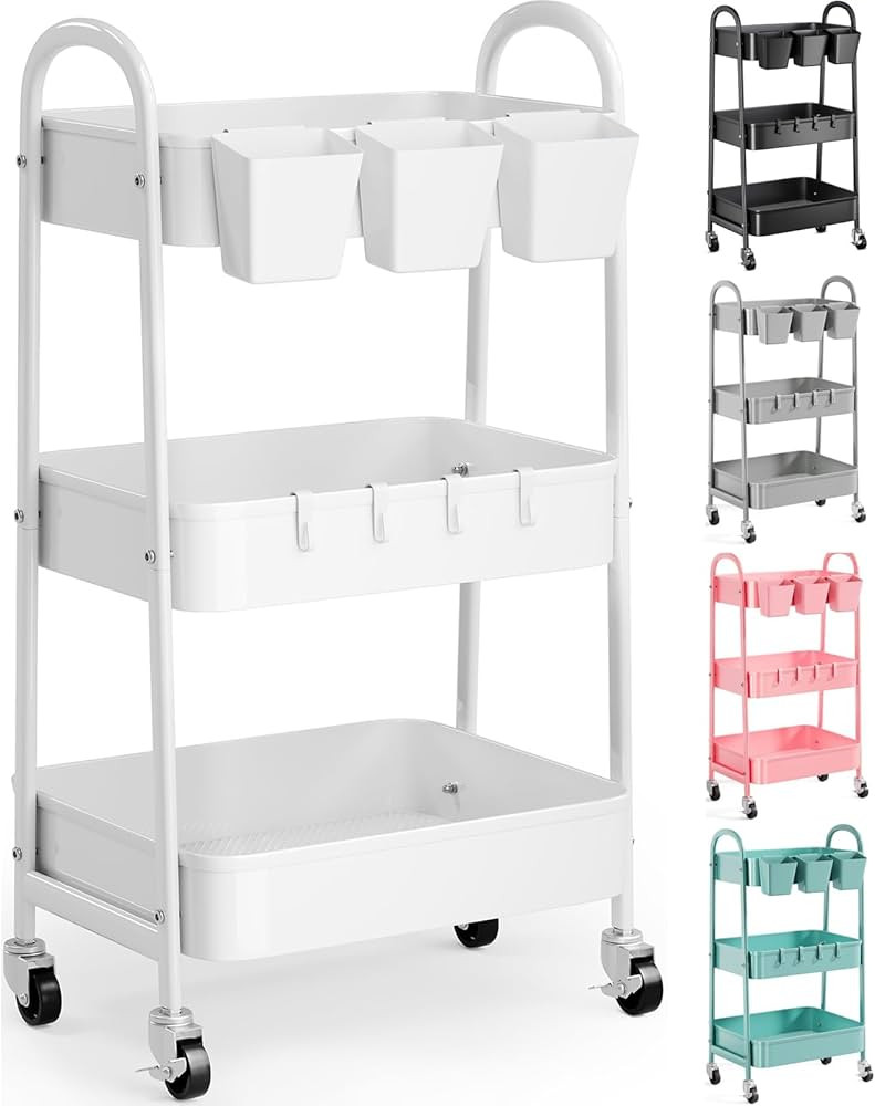 3 Tier Heavy Duty White Metal Rolling Cart with Lockable Wheels, Three Tier Roller Book Snack Car... | Amazon (US)