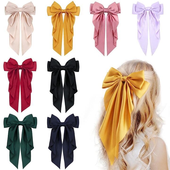8pcs/set Big Satin Layered Hair Bows for Girls 8 Inch Barrette Hair Clip Long Black Ribbon Bows F... | SHEIN