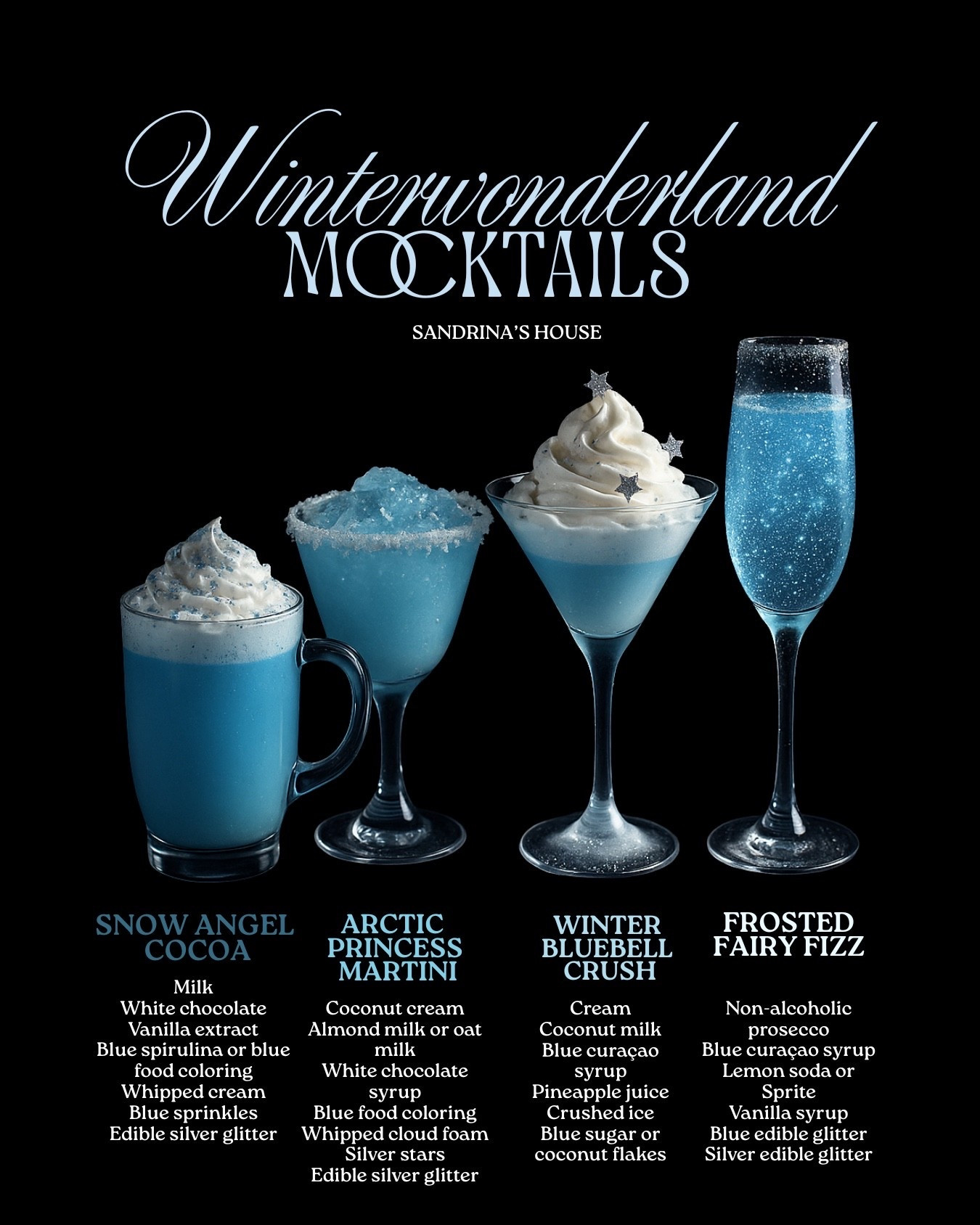 Bring the ultimate ice-blue winter magic into your home with these girly Christmas mocktail essentials ❄️✨
I used all of these items to create my Snow Angel Cocoa, Arctic Princess Martini, Winter Bluebell Crush and Frosted Fairy Fizz — the full recipes are on my Instagram!

Shop my glassware, edible glitter, blue curaçao syrup, non-alcoholic prosecco, bar tools, and all the winter accessories I used to style this shoot 💙
Everything is linked below so you can recreate the aesthetic at home.

Tap to shop your dreamy winter bar cart ✨
#ltkhome #lifestylefinds #christmasaesthetic #mocktails

#LTKwinter #LTKfestive #LTKhome