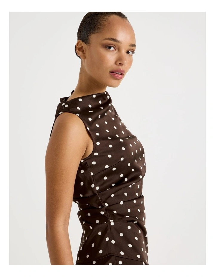 Satin High Neck Asymmetrical Top in Dark Brown | Myer