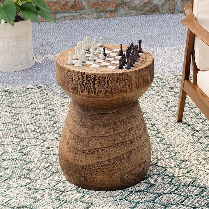 COSIEST Outdoor Side Table w Chessboard, 14''Concrete Faux Wooden Garden Stool, Lightweight Decor... | Amazon (US)